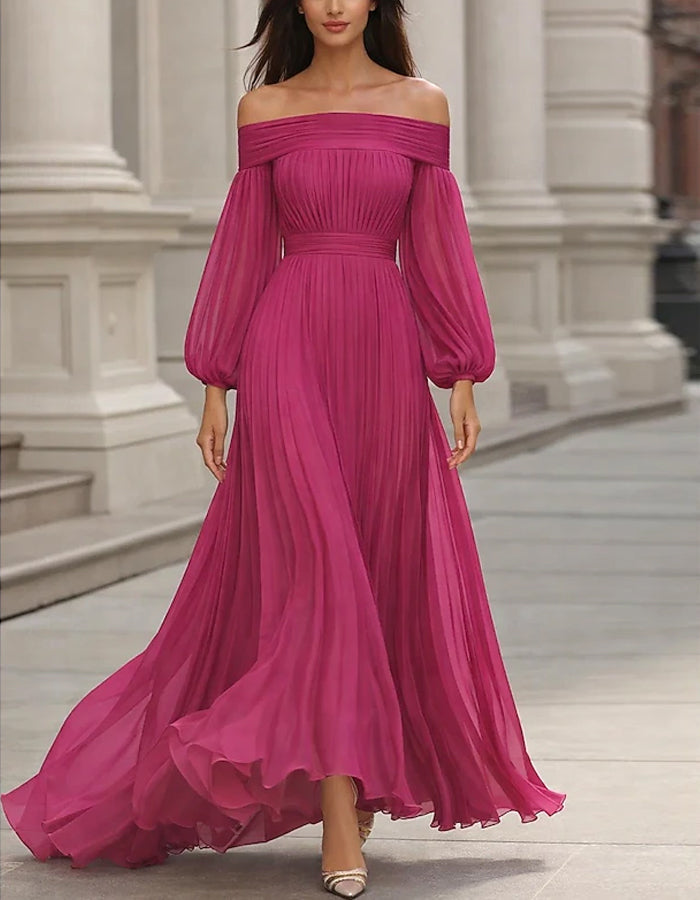 Avocado Green Off Shoulder Lantern Sleeve Pleated Chiffon Maxi Dress