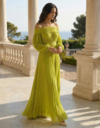 Avocado Green Off Shoulder Lantern Sleeve Pleated Chiffon Maxi Dress