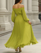 Avocado Green Off Shoulder Lantern Sleeve Pleated Chiffon Maxi Dress