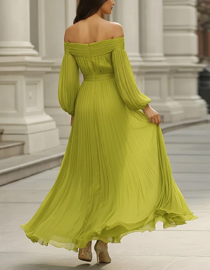 Avocado Green Off Shoulder Lantern Sleeve Pleated Chiffon Maxi Dress