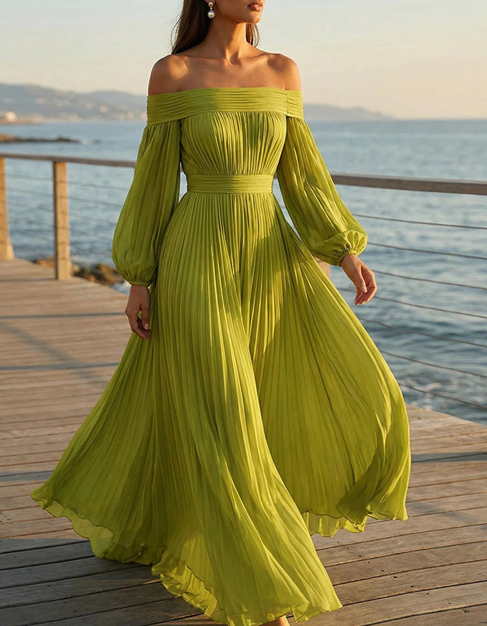 Avocado Green Off Shoulder Lantern Sleeve Pleated Chiffon Maxi Dress