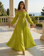 Avocado Green Off Shoulder Lantern Sleeve Pleated Chiffon Maxi Dress