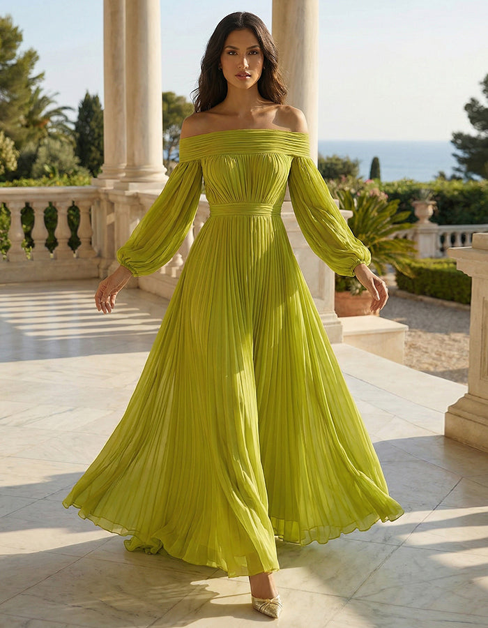 Avocado Green Off Shoulder Lantern Sleeve Pleated Chiffon Maxi Dress