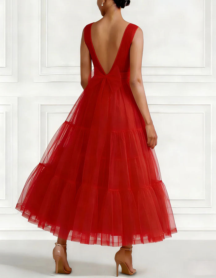 Orange Red Deep V-neck Backless Mesh Cake Layer Midi Dress
