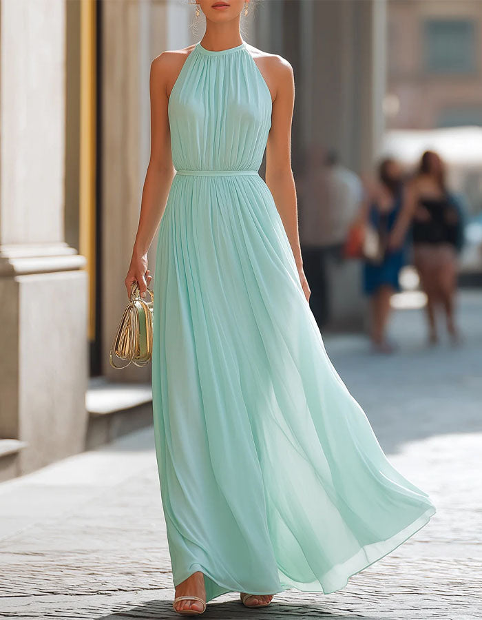 Mint Green Halter Neck Pleated Chiffon Maxi Dress