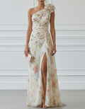 Light Beige Base With Colorful Floral Off Shoulder 3d Floral Chiffon With Slits Maxi Dress