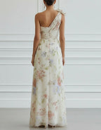 Light Beige Base With Colorful Floral Off Shoulder 3d Floral Chiffon With Slits Maxi Dress