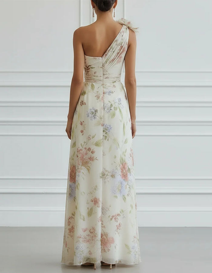 Light Beige Base With Colorful Floral Off Shoulder 3d Floral Chiffon With Slits Maxi Dress
