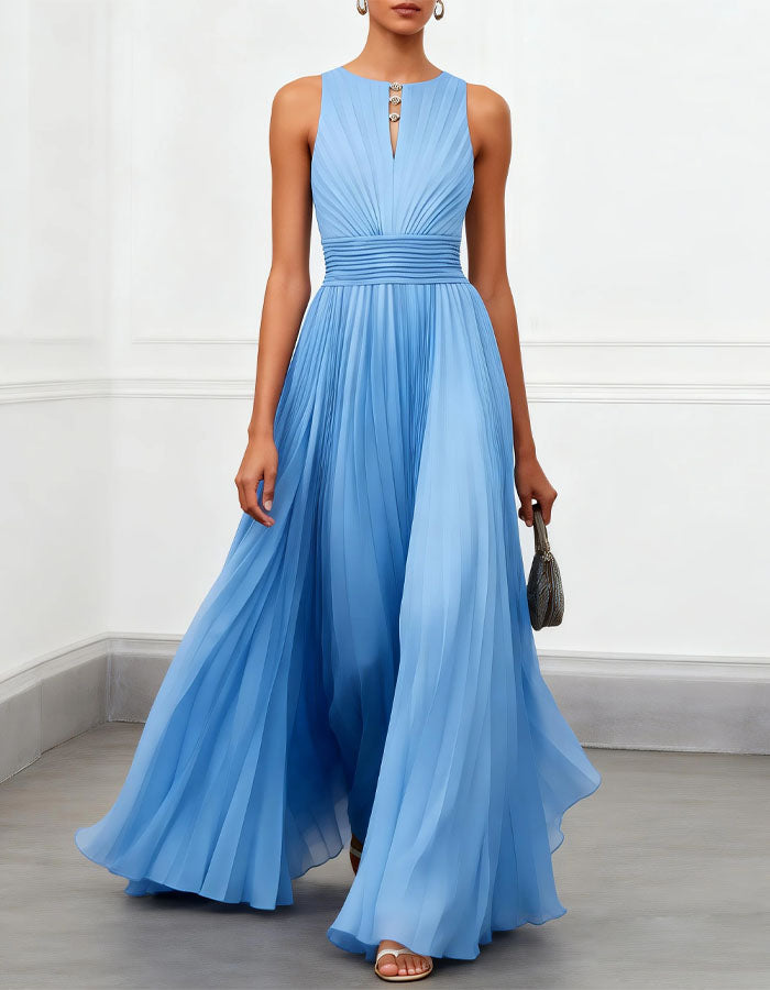 Sky Blue Openwork Pleated Chiffon Maxi Dress