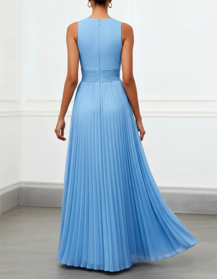 Sky Blue Openwork Pleated Chiffon Maxi Dress