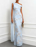 Light Blue Off Shoulder Embroidered Fishtail Fabric Maxi Dress