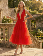 Orange Red Deep V-neck Backless Mesh Cake Layer Midi Dress
