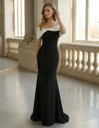 Black And White Color Blocking Off Shoulder Fishtail Maxi Dress