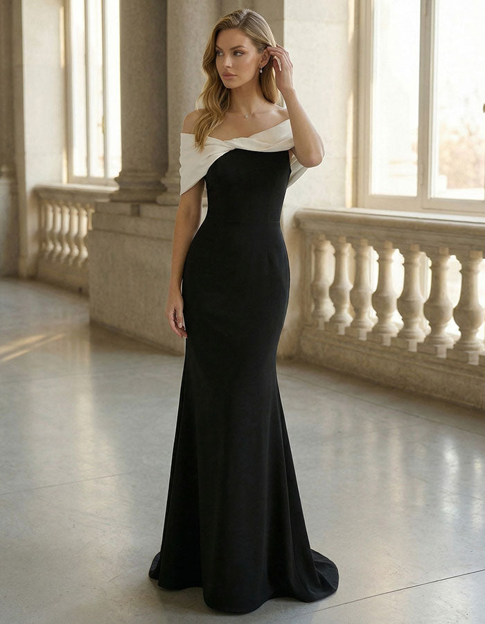 Black And White Color Blocking Off Shoulder Fishtail Maxi Dress