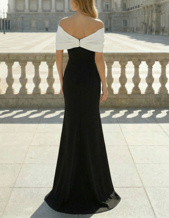 Black And White Color Blocking Off Shoulder Fishtail Maxi Dress