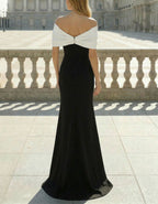 Black And White Color Blocking Off Shoulder Fishtail Maxi Dress