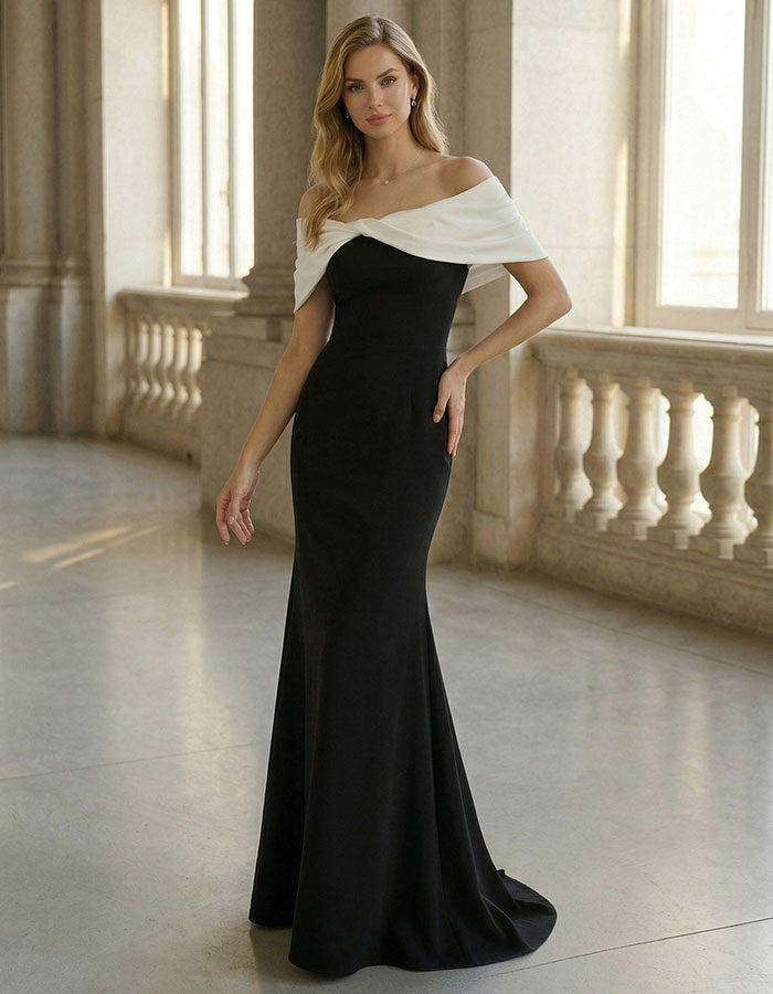 Black And White Color Blocking Off Shoulder Fishtail Maxi Dress