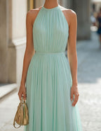 Mint Green Halter Neck Pleated Chiffon Maxi Dress