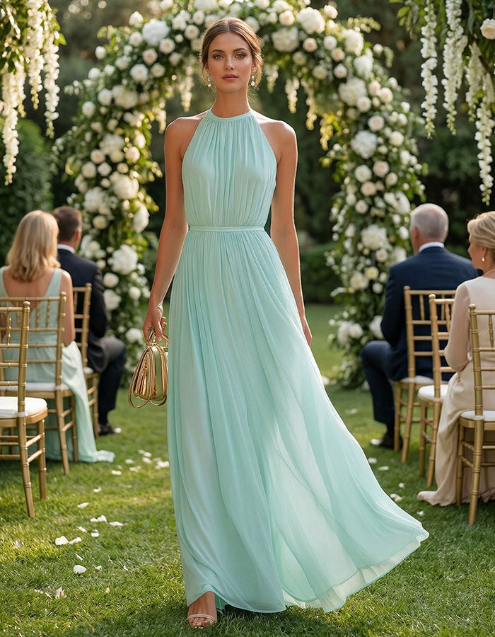 Mint Green Halter Neck Pleated Chiffon Maxi Dress