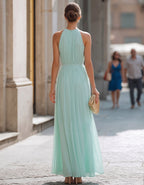 Mint Green Halter Neck Pleated Chiffon Maxi Dress