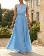Sky Blue Openwork Pleated Chiffon Maxi Dress