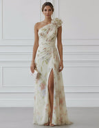 Light Beige Base With Colorful Floral Off Shoulder 3d Floral Chiffon With Slits Maxi Dress