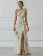 Light Beige Base With Colorful Floral Off Shoulder 3d Floral Chiffon With Slits Maxi Dress