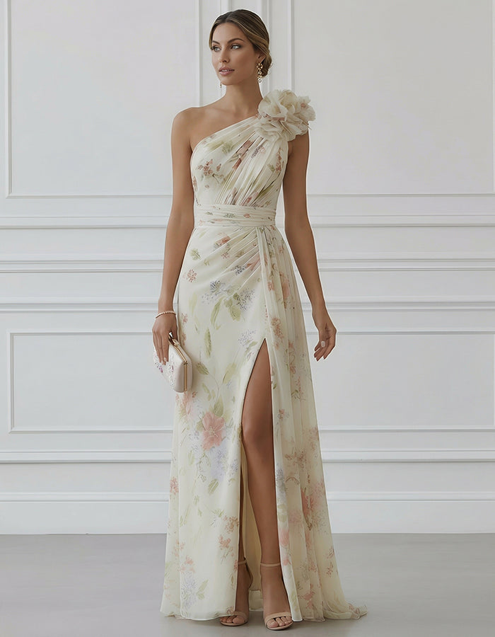 Light Beige Base With Colorful Floral Off Shoulder 3d Floral Chiffon With Slits Maxi Dress