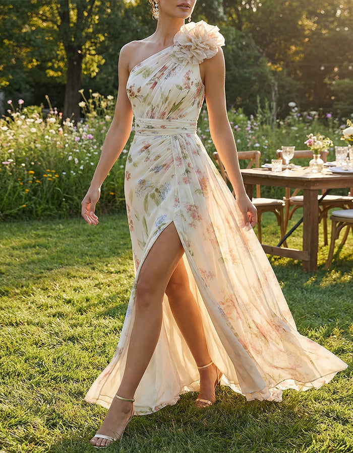 Light Beige Base With Colorful Floral Off Shoulder 3d Floral Chiffon With Slits Maxi Dress