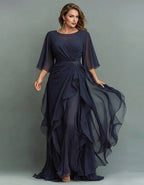Navy Blue Round Neck Appliqué Twisted Ruffle Chiffon Maxi Dress