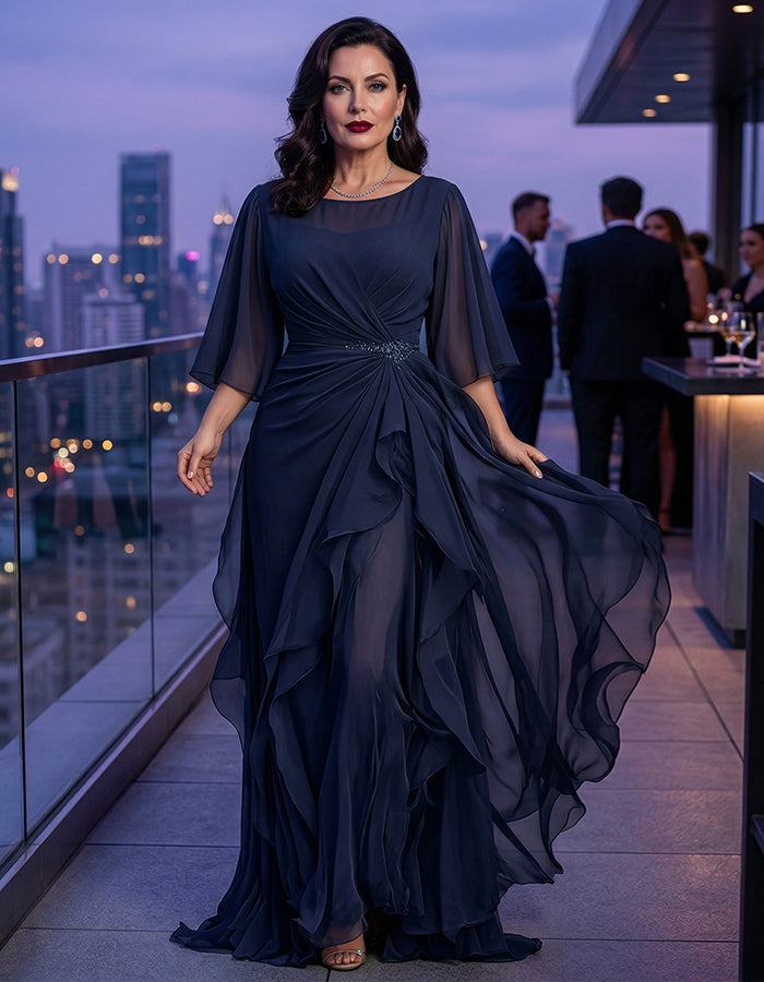 Navy Blue Round Neck Appliqué Twisted Ruffle Chiffon Maxi Dress