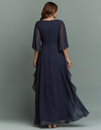 Navy Blue Round Neck Appliqué Twisted Ruffle Chiffon Maxi Dress