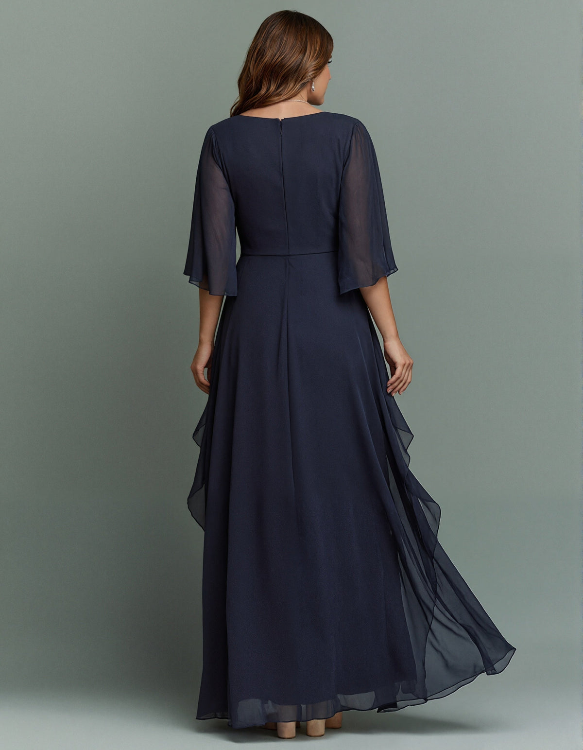 Navy Blue Round Neck Appliqué Twisted Ruffle Chiffon Maxi Dress