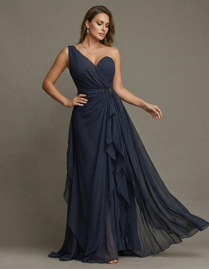 Navy Blue Off Shoulder Appliqué Twisted Ruffle Chiffon Maxi Dress