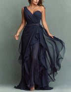 Navy Blue Off Shoulder Appliqué Twisted Ruffle Chiffon Maxi Dress