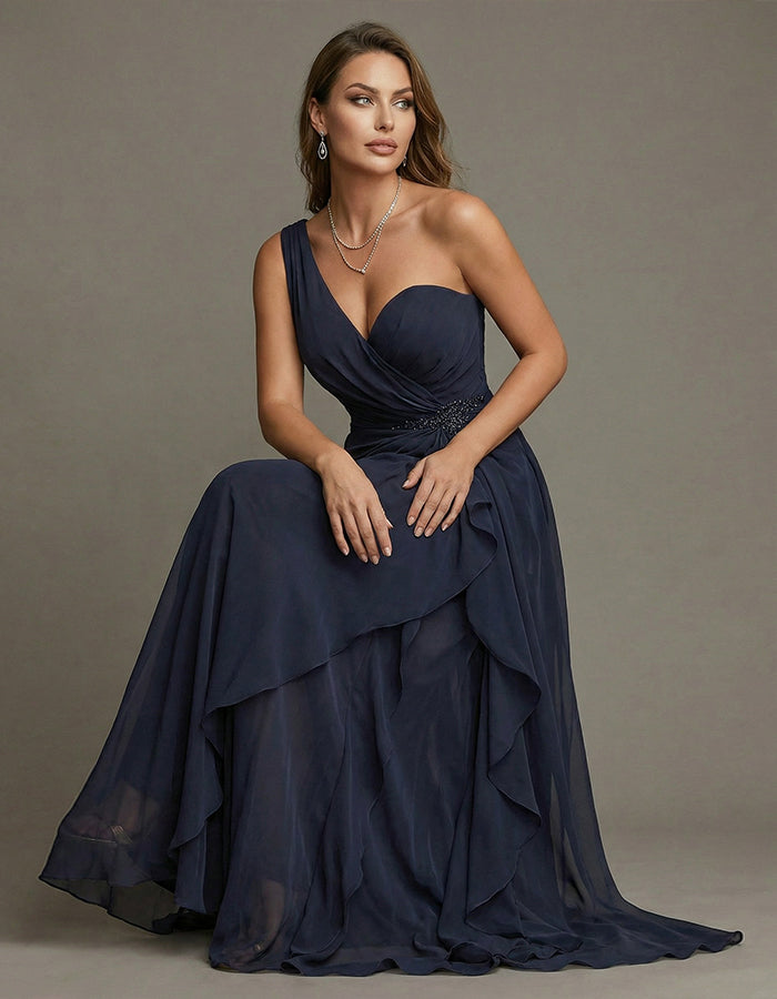 Navy Blue Off Shoulder Appliqué Twisted Ruffle Chiffon Maxi Dress