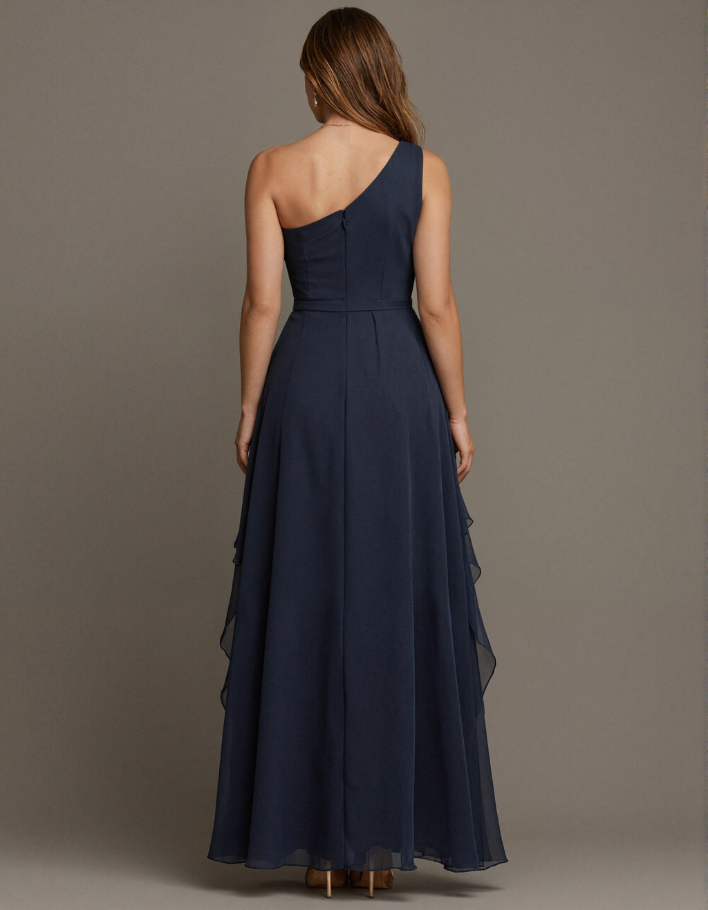 Navy Blue Off Shoulder Appliqué Twisted Ruffle Chiffon Maxi Dress