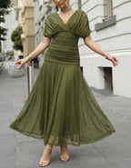 Olive Green V-neck Puff Sleeve Chiffon Maxi Dress
