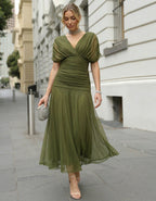 Olive Green V-neck Puff Sleeve Chiffon Maxi Dress