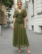 Olive Green V-neck Puff Sleeve Chiffon Maxi Dress