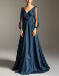 Blue V-Neck Mesh Puff Sleeves With Satin Trim Maxi Dress