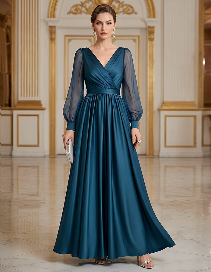 Blue V-Neck Mesh Puff Sleeves With Satin Trim Maxi Dress