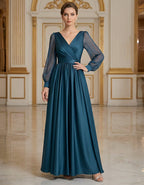 Blue V-Neck Mesh Puff Sleeves With Satin Trim Maxi Dress