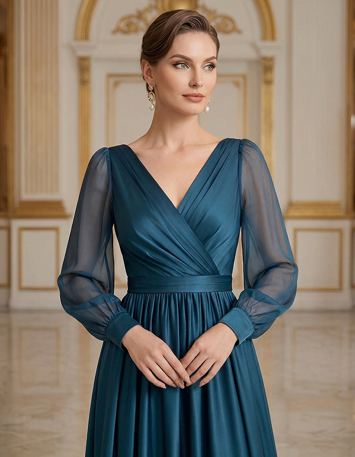 Blue V-Neck Mesh Puff Sleeves With Satin Trim Maxi Dress