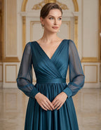 Blue V-Neck Mesh Puff Sleeves With Satin Trim Maxi Dress