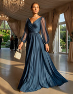 Blue V-Neck Mesh Puff Sleeves With Satin Trim Maxi Dress