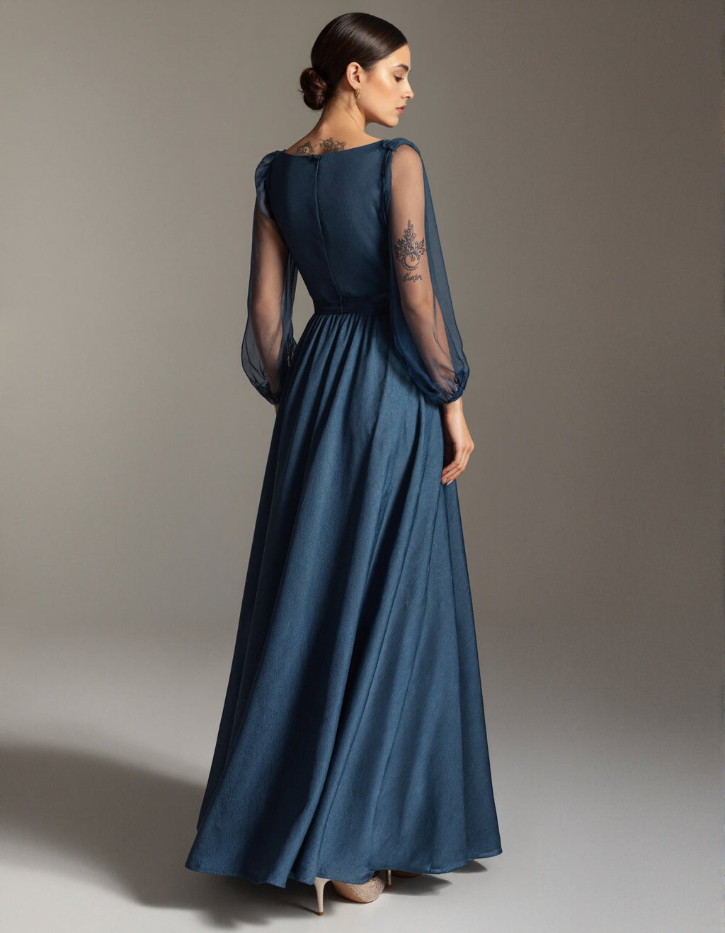 Blue V-Neck Mesh Puff Sleeves With Satin Trim Maxi Dress