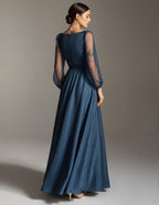 Blue V-Neck Mesh Puff Sleeves With Satin Trim Maxi Dress