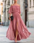 Black Off Shoulder Chiffon Slit Maxi Dress