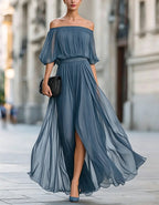 Black Off Shoulder Chiffon Slit Maxi Dress